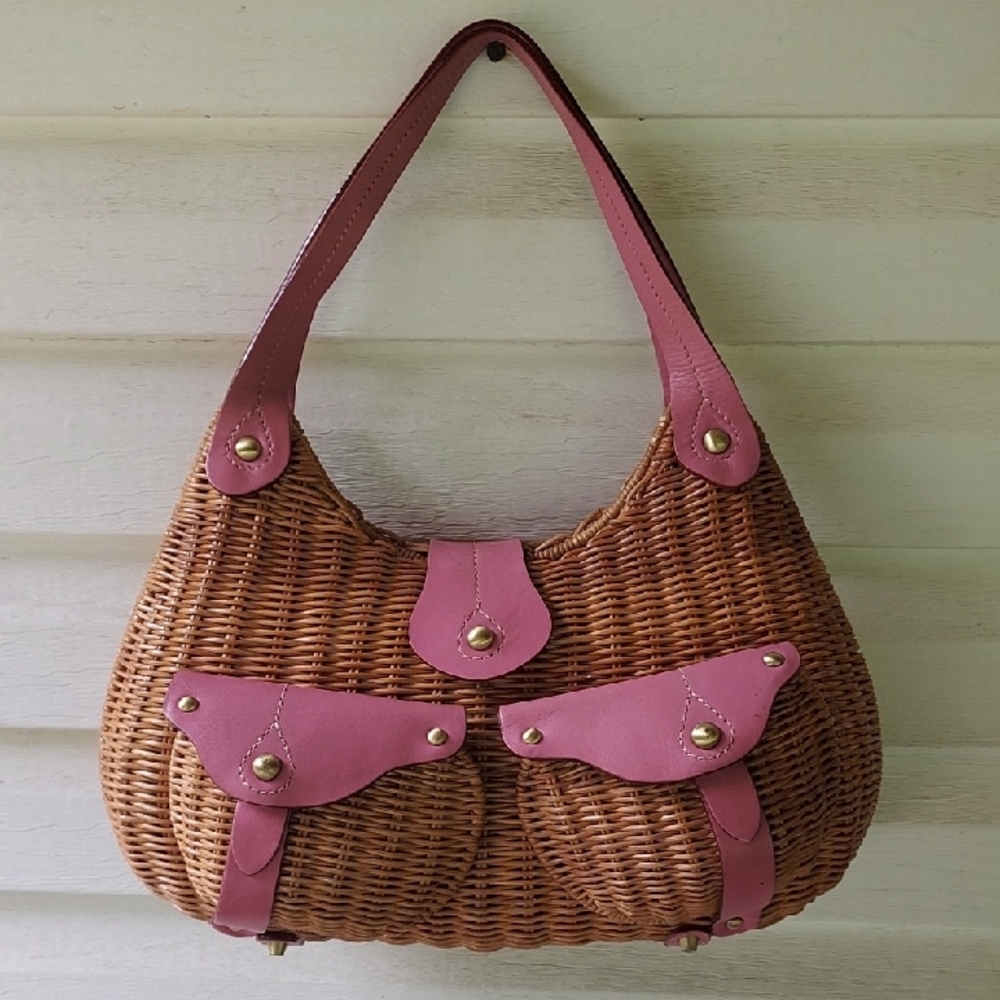 Pink and Brown Woven Hobo Bag with Faux Leather Accents